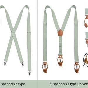 Light Sage Green color linen Suspenders are shown in two types: Suspenders X-type with metal clips, and Y-type universal suspenders with clips and leather button straps. You can wear them with leather straps for buttons or metal clips.