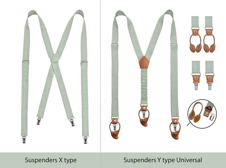 Light Sage Green color linen Suspenders are shown in two types: Suspenders X-type with metal clips, and Y-type universal suspenders with clips and leather button straps. You can wear them with leather straps for buttons or metal clips.