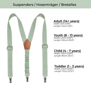 The picture shows the sizes of suspenders by age.
Toddler size suspenders
Child size suspenders
Youth size suspenders
Adult size suspenders