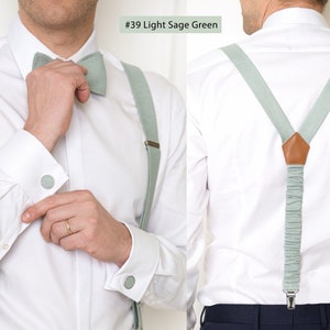 The front-view model wears a light sage green color linen bow tie, suspenders, and cufflinks. On the right, the model from the back wears light sage green color linen Y-type suspenders with clips. Attached at the back with an elastic band.