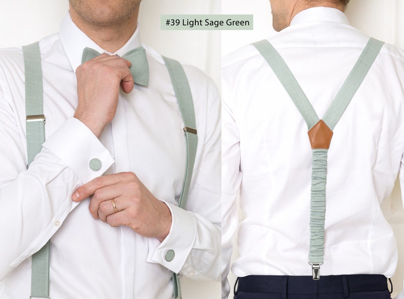 The front-view model wears a light sage green color linen bow tie, suspenders, and cufflinks. On the right, the model from the back wears light sage green color linen Y-type suspenders with clips. Attached at the back with an elastic band.