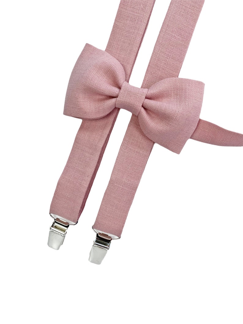 Pale pink Toddler Bow Tie / Pale pink Child Suspenders /Pale pink Linen Suspenders for Toddler / Children Bow Tie image 1