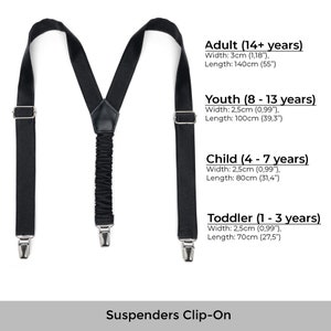 Formal Tuxedo Suspenders. Elegant and easy to wear Black silk satin suspenders with clips for adults and children. Bretelles de smoking formelles. Bretelles elegantes et faciles a porter en satin de soie noir avec clips pour adultes et enfants.