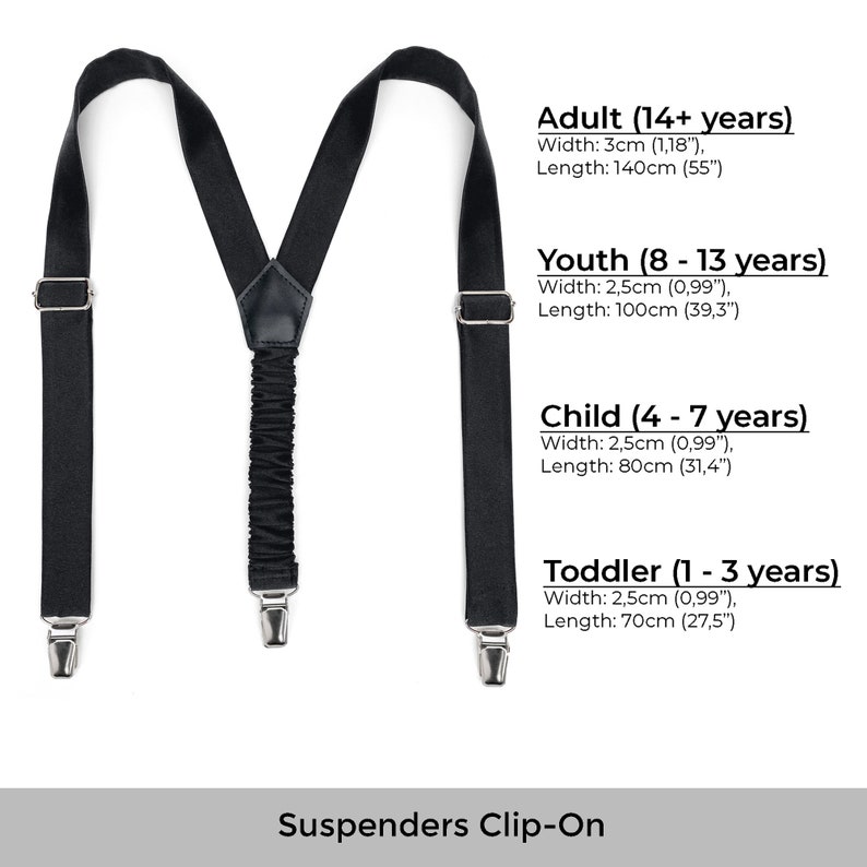 Formal Tuxedo Suspenders. Elegant and easy to wear Black silk satin suspenders with clips for adults and children. Bretelles de smoking formelles. Bretelles elegantes et faciles a porter en satin de soie noir avec clips pour adultes et enfants.