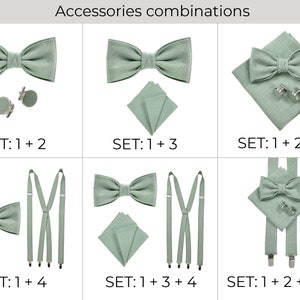 Accessories are listed by numbers so you can combine and order them in different sets.
SET: 1+2 (Bow Tie + Cufflinks)
SET: 1+3 (Bow Tie + Pocket square)
SET: 1+4 (Bow Tie+Suspenders)
SET: 1+2+3 (Bow tie+cufflinks+pocketsq)
SET: 1+3+4 
SET: All 4 set