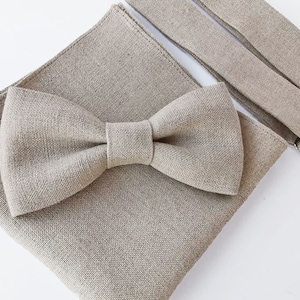 Natural Linen Bow Tie / Natural Linen Bowtie / Natural Color Pocket Square / Bow Suspenders Pochette / Natural Custom Suspenders