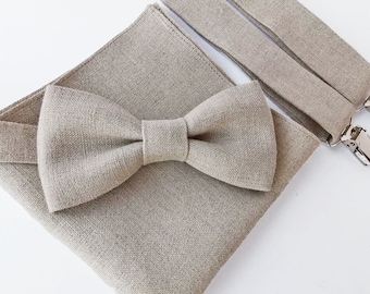 Natural Linen Bow Tie / Natural Linen Bowtie / Natural Color Pocket Square / Bow Suspenders Pochette / Natural Custom Suspenders