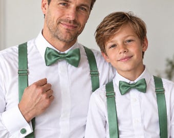 Eucalyptus Green Satin Bow tie for Man and Child, Eucalyptus Satin Bow tie Set for Wedding, Evening, Birthday, Christening, Party, Gift