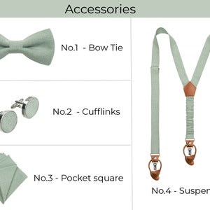 Light sage green bow tie, cufflinks, pocket square, suspenders with leather ends.
Noeud papillon vert sauge clair, boutons de manchette, pochette de costume, bretelles avec cuir.
Salbeigrune Fliege, Manschettenknöpfe, Einstecktuch, Hosentrager.