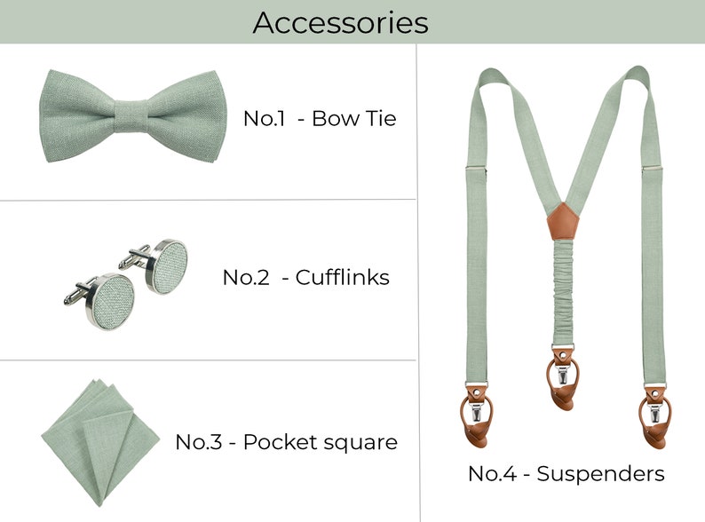 Light sage green bow tie, cufflinks, pocket square, suspenders with leather ends.
Noeud papillon vert sauge clair, boutons de manchette, pochette de costume, bretelles avec cuir.
Salbeigrune Fliege, Manschettenknöpfe, Einstecktuch, Hosentrager.