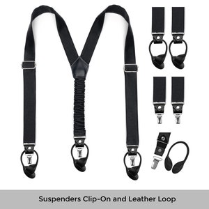 Wedding Black silk satin convertible suspenders with clips and leather for buttons.
Wandelbare Hosentrager aus schwarzem Seidensatin mit Clips und Lederknopfen. Bretelles transformables en satin de soie noir avec clips et boutons en cuir.