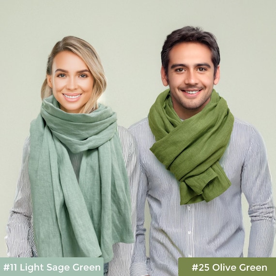 ダークモスグリーンのリネンスカーフ、ユニセックススカーフ、大判