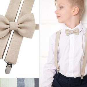 On the left are a beige color linen children's bow tie and suspenders. On the right, a child model in a white shirt, wearing a beige color linen the same model bow tie, and beige color linen suspenders.