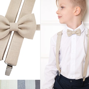 On the left are a beige color linen children's bow tie and suspenders. On the right, a child model in a white shirt, wearing a beige color linen the same model bow tie, and beige color linen suspenders.