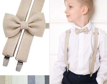 Beige Child Bow Tie / Beige Child Suspenders / Beige Linen Bow tie and Suspenders for Toddler / Beige Bow Tie for Father and Son