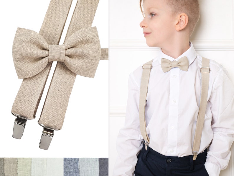 On the left are a beige color linen children's bow tie and suspenders. On the right, a child model in a white shirt, wearing a beige color linen the same model bow tie, and beige color linen suspenders.