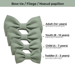The picture shows the sizes of pretied bow ties by age.
Toddler size: 1 - 3 years
Child size: 4 - 7 years
Youth size: 8 - 13 years
Adult size: 14+ years