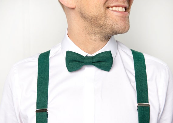 Emerald Green Bow Tie / Emerald Green Universal Suspenders with Brown Leather Button Straps and Clips / Emerald Green Groomsmen Cufflinks Emerald Green Bow Tie / Emerald Green Universal Suspenders with Brown Leather Button Straps and Clips / Emerald Green Groomsmen Cufflinks