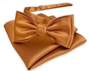 Orange Brown Satin Bow tie / Men's Bow tie Set Orange Brown Satin / Orange Brown Wedding Bow tie and Pocket square / Orange Brown Suspenders