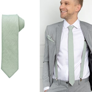 Light Sage Green Skinny Tie / Light Sage Green Skinny NeckTie / Light Sage Green Cufflinks / Linen Necktie / Skinny Wedding Tie / Mens Tie