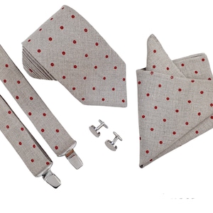 Rustic, Boho Wedding Tie Set Natural/Red Polka Dots: Regular Tie, Slim Tie, Skinny Tie, Suspenders, Cufflinks, Pocket square, Groom Tie Set