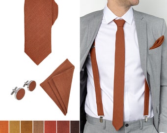 Burnt Orange Skinny Tie / Burnt Orange Linen Tie / Burnt Orange Wedding Tie / Burnt Orange Skinny Necktie / Burnt Orange Cufflinks