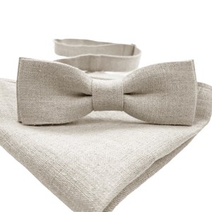 Natural color Slim Bow Tie / Natural SET / Natural Linen Pocket Square / Beige Linen NeckTie / Natural BowTie