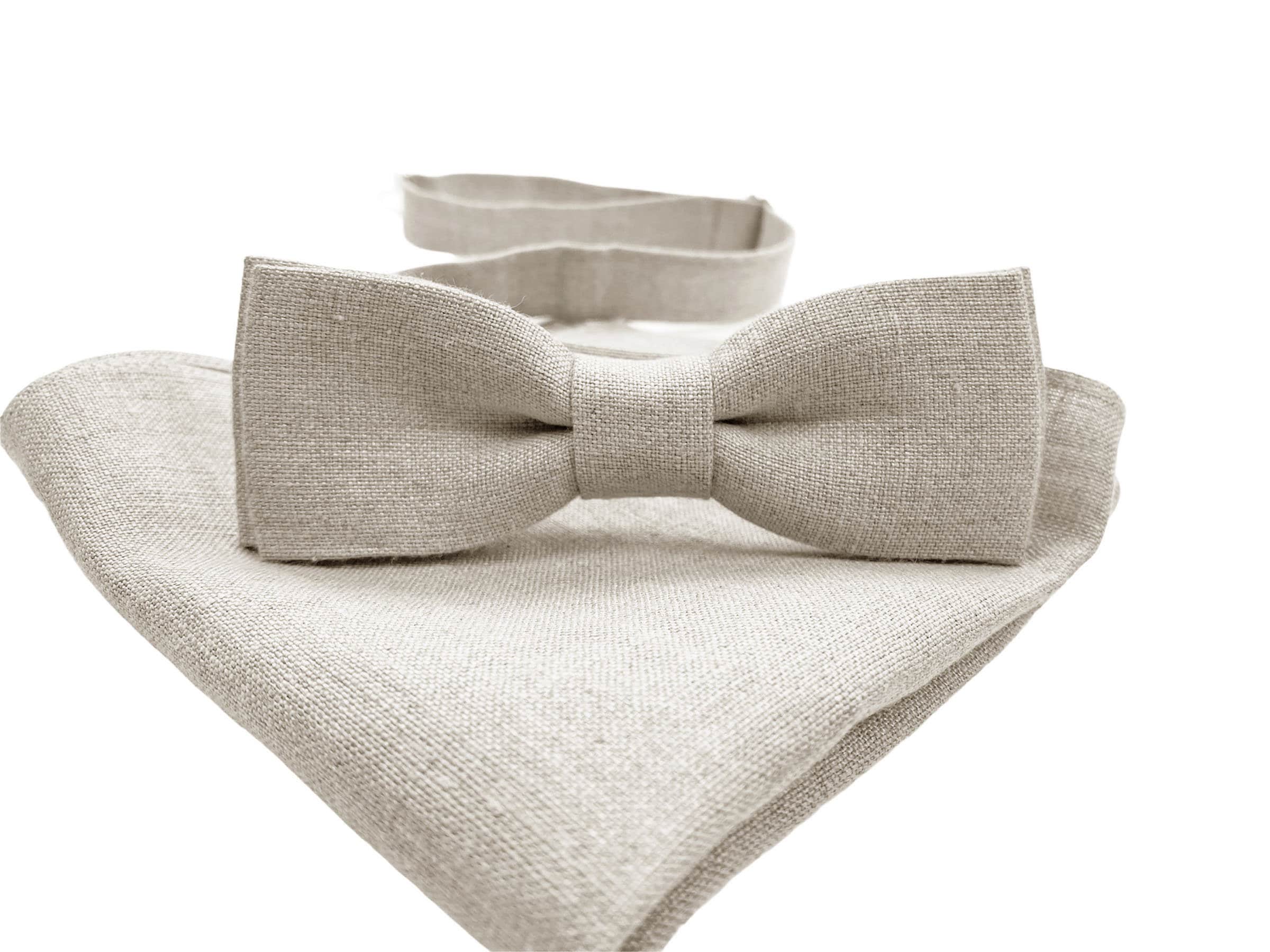 Natural color Slim Bow Tie / Natural SET / Natural Linen Pocket Square / Beige Linen NeckTie / Natural BowTie