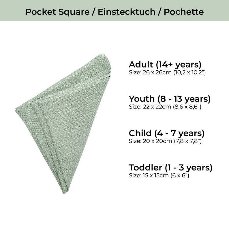 Pocket square for toddlers.
Pocket square for child.
Pocket square for youth.
Pocket square for adults.