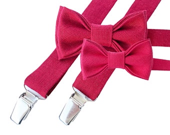 Raspberry Bow Tie and Suspenders For Boy / Red Linen Toddler Bow Tie / Suspenders And Bow Tie Set