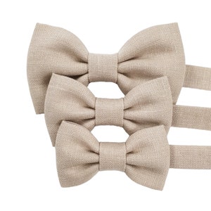 3 sizes, the same model, beige color linen bow tie for toddler, child, youth. We can make Bow ties for babies, teenagers, and adults with the same model.