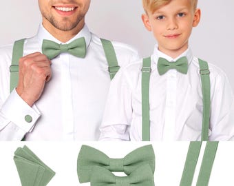 Eucalyptus Green Men's Bow tie, Eucalyptus green Boys Bow tie Braces, Eucalyptus Green Groom and Groomsmen Bow tie Suspenders Handkerchief