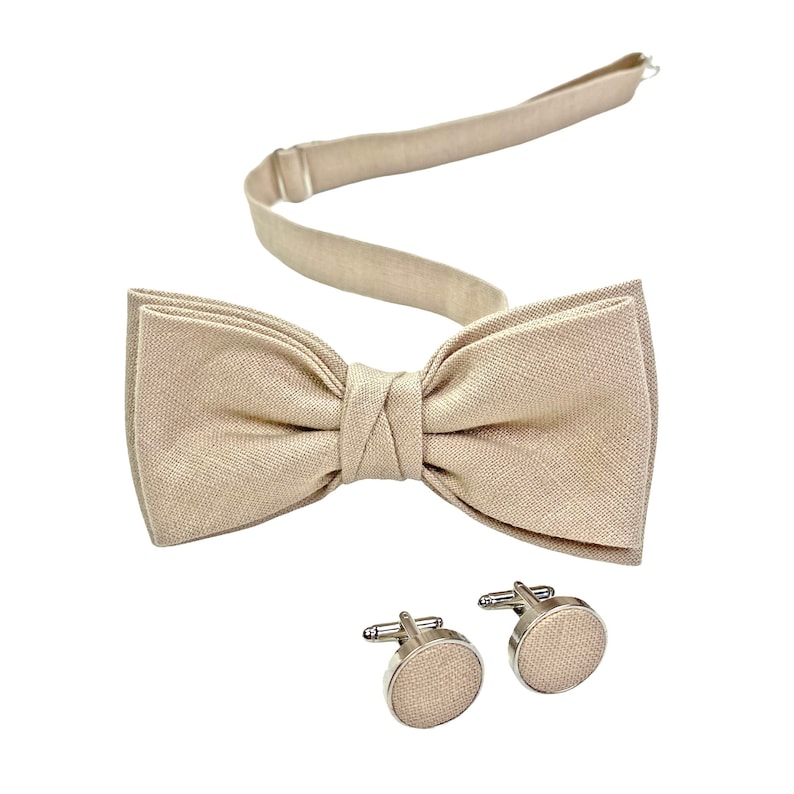 Beige Linen Bow Tie / Sandy Bow Tie / Beige Linen Cufflinks / Beige Suspenders / Beige Pocket Square image 5