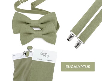 Eucalyptus groene heren strikje, eucalyptus groene jongens strikjes, eucalyptus groene bretels voor de mens, eucalyptus groene kinder bretels