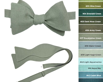 Eucalyptus Green Self-tie Bow tie, Cufflink, Pocket Square, Eucalyptus Suspenders, Linen Eucalyptus Green Wedding Self-tie Bow tie Set