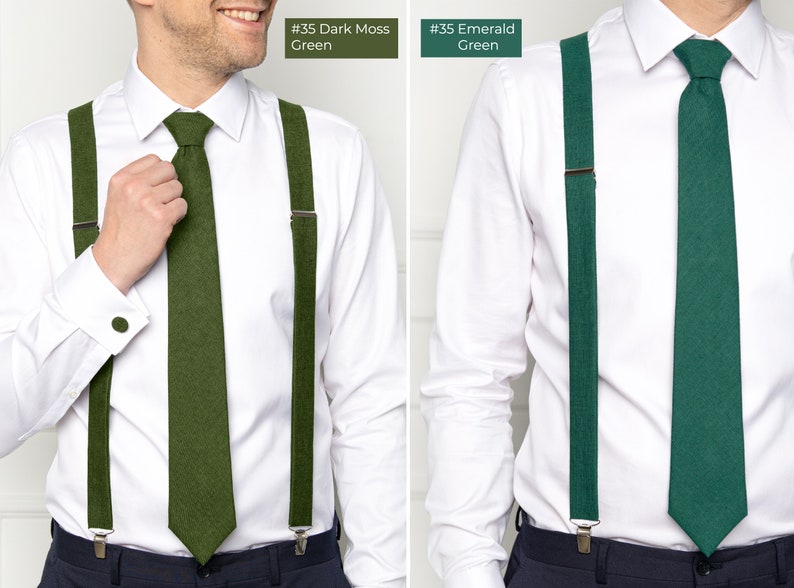 The groomsmen wear dark moss-green and emerald-colored linen neckties and suspenders.