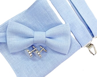 Sky Blue Linen Bow Tie / Light Blue Linen Bowtie / Light Blue Cufflinks / Bow Suspenders Pochette / Light Blue Suspenders