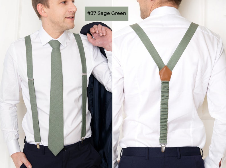 The front-view model wears the Sage green color linen Regular-size necktie and suspenders with clips. On the right, the model from the back wears the same sage green color linen Y-type suspenders with clips.