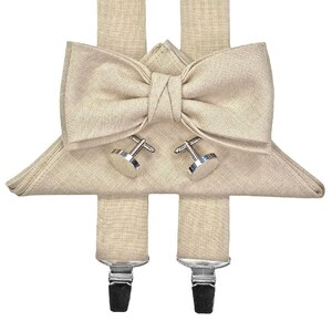 Beige Linen Bow Tie / Sandy Bow Tie / Beige Linen Cufflinks / Beige Suspenders / Beige Pocket Square