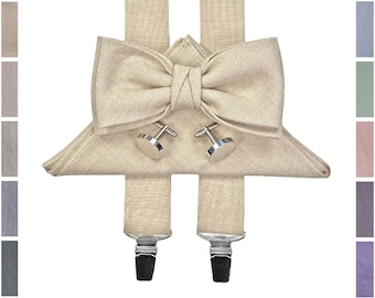 Beige Linen Bow Tie / Sandy Bow Tie / Beige Linen Cufflinks / Beige Suspenders / Beige Pocket Square