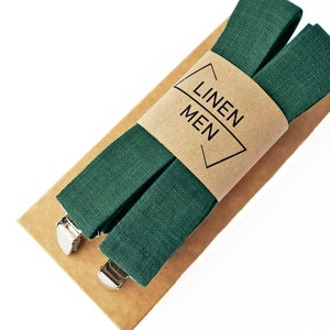 Emerald Green Suspenders / Emerald Green Men&#39;s Braces / Emerald Green Linen Bow Tie/ Linen Cufflinks / Emerald Green Bow Tie And Suspenders