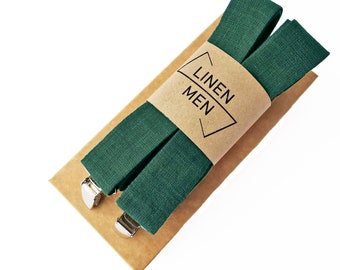 Emerald Green Suspenders / Emerald Green Men's Braces / Emerald Green Linen Bow Tie/ Linen Cufflinks / Emerald Green Bow Tie And Suspenders