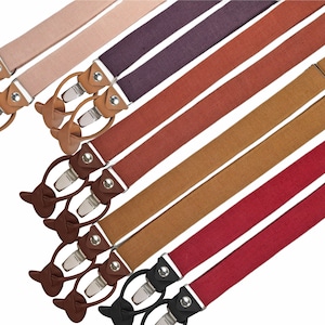 Custom Color Suspenders With Leather straps for Buttons and Clips / Universal Suspenders With Light Brown, Dark Brown and Black Leather Ends