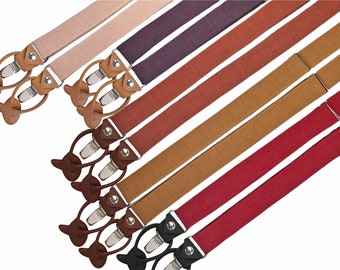 Custom Color Suspenders With Leather straps for Buttons and Clips / Universal Suspenders With Light Brown, Dark Brown and Black Leather Ends