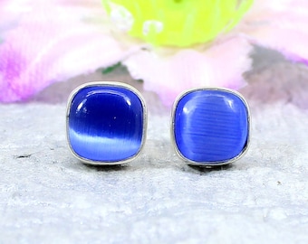 925 Sterling Silver, Blue Cat's Eye Gemstone Cushion Shape Dainty Stud Earring for Women, Birthstone Ring, Anniversary Earring, Gift For Her