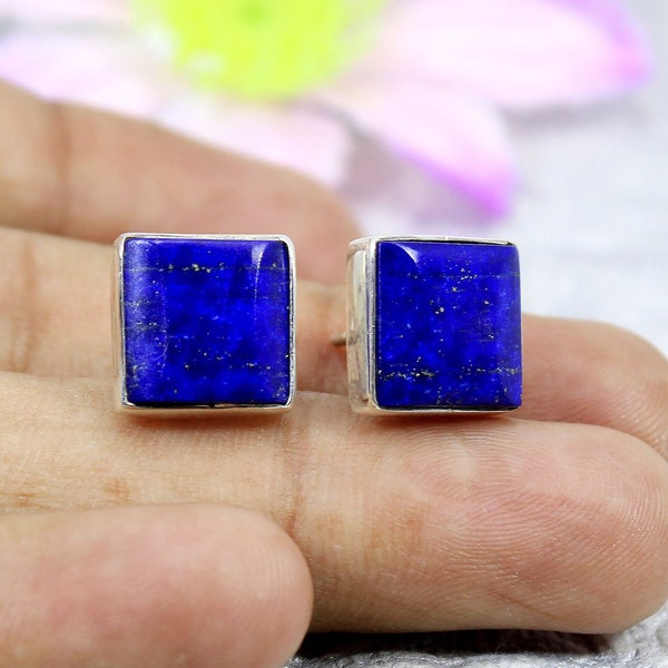 Lapis Lazuli Earring, 925 Sterling Silver, Handmade Square Shape Stud Earrings, September Birthstone, Bridal Earring, Gift For Her