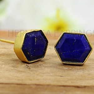 Lapis Lazuli Gemstone Hexagon Studs Earrings