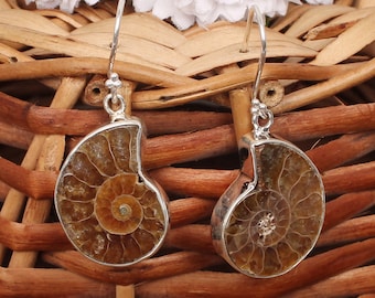 Ammonite Fossil Earrings, Handmade 925 Sterling Silver Dangle Jewelry