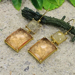 Handmade Champagne Rutile Gemstone Brass Earrings: Statement Jewelry
