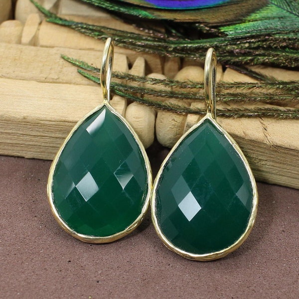 Unique Green Onyx Earrings, Party Wear Earrings, Pear Shape, Beautiful Earrings, Dangle Earrings, Gold Plated, Women Gift For Her